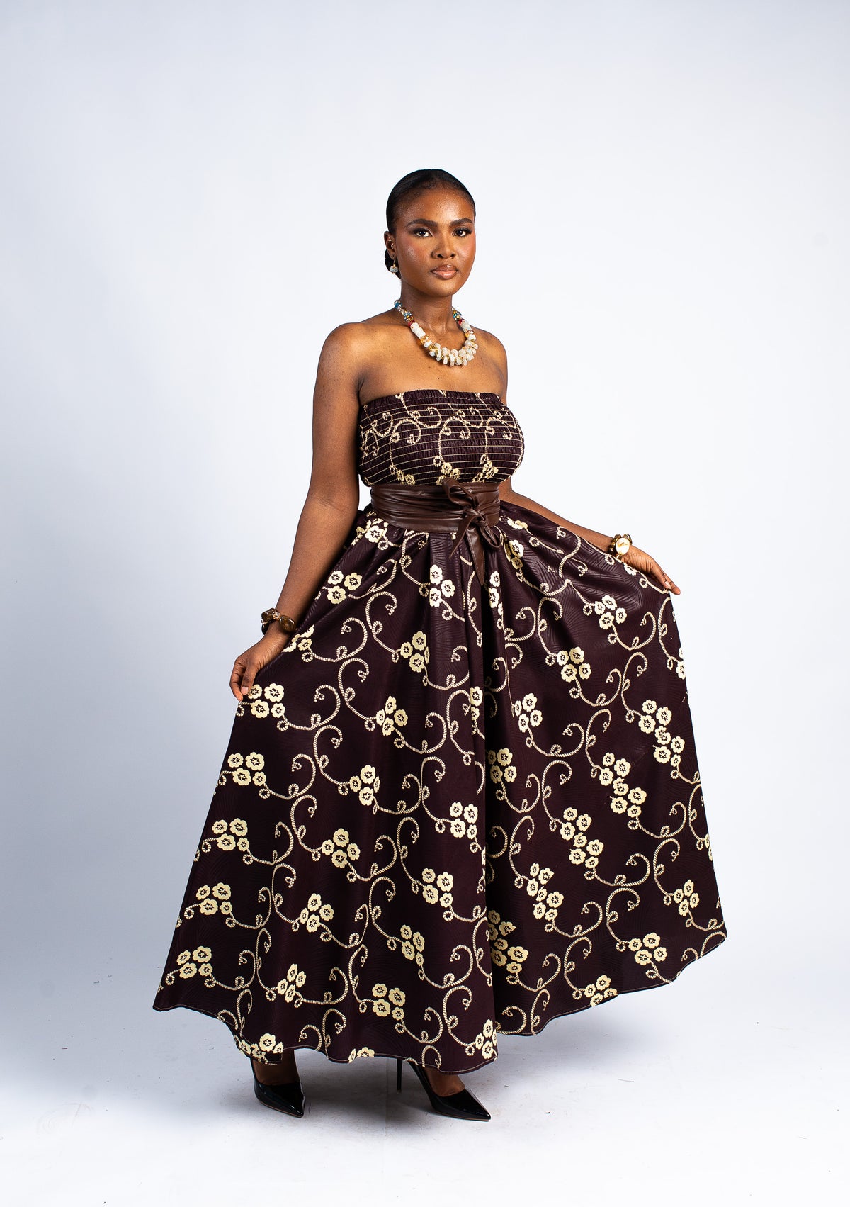Brown Floral Strapless Maxi Dress