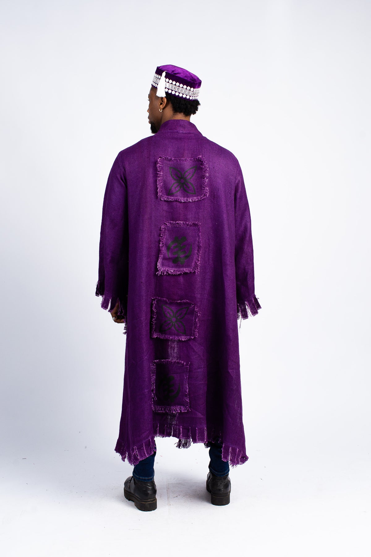Men's Royal Purple Fringed Kimono Robe & Beaded Cap Set