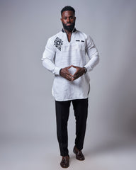 Men's Premium Adinkra White Linen Shirt (Slim Fit)