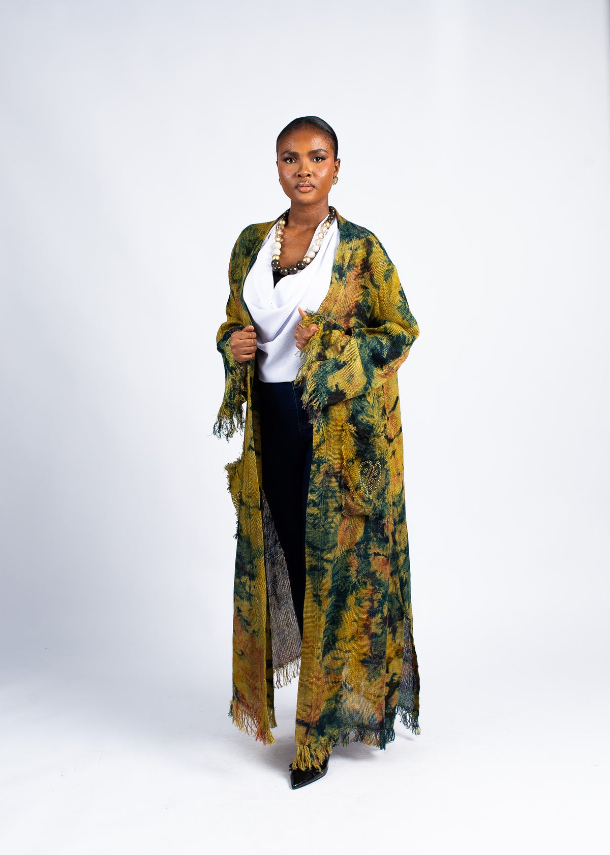 Women's Yellow & Green Tie-Dye Fringe Kimono Cardigan