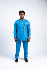 Men's Sky Blue African Print Kaftan & Trouser Set