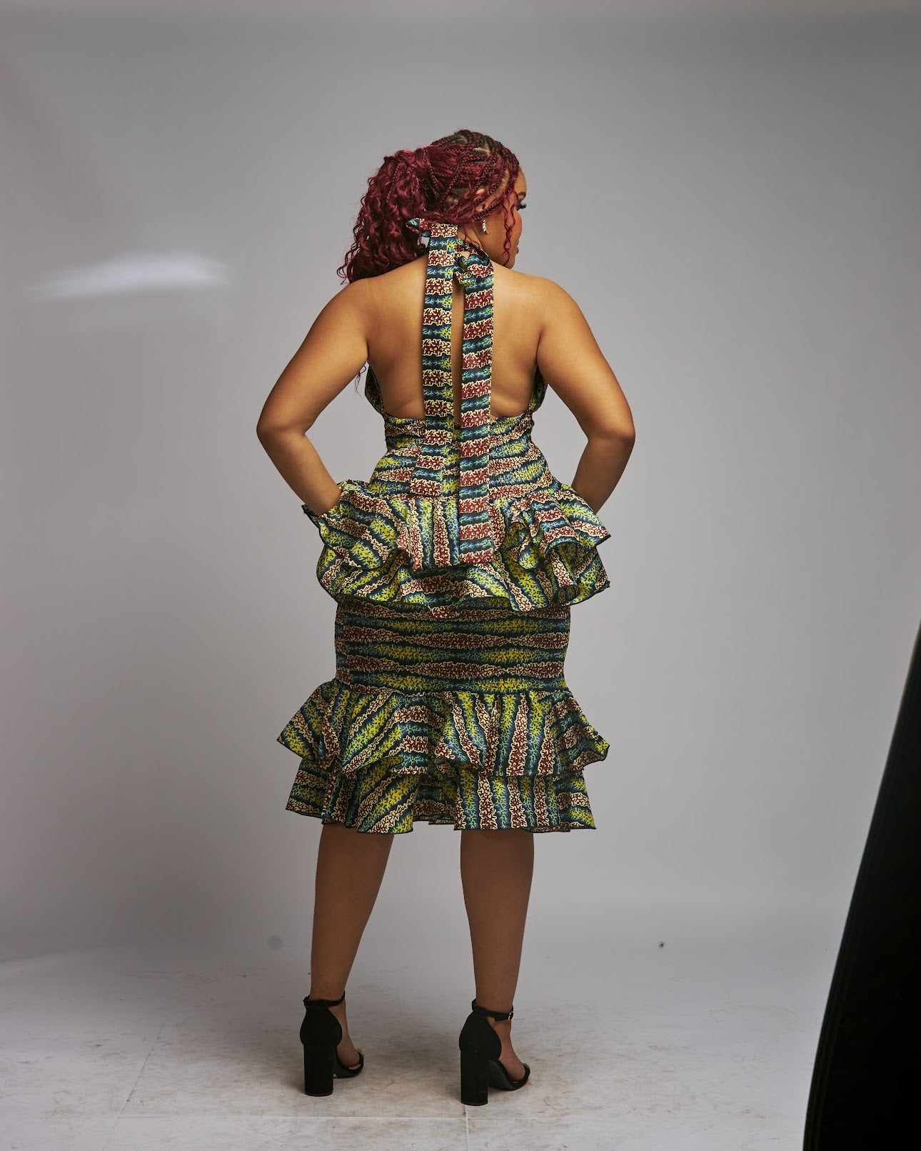 african print halter neck dress Queen Rayha Halter Tie Strap V-neck High Waist Backless Women's Flare Mini Dress in Brown Red Black and White African Ankara Kente