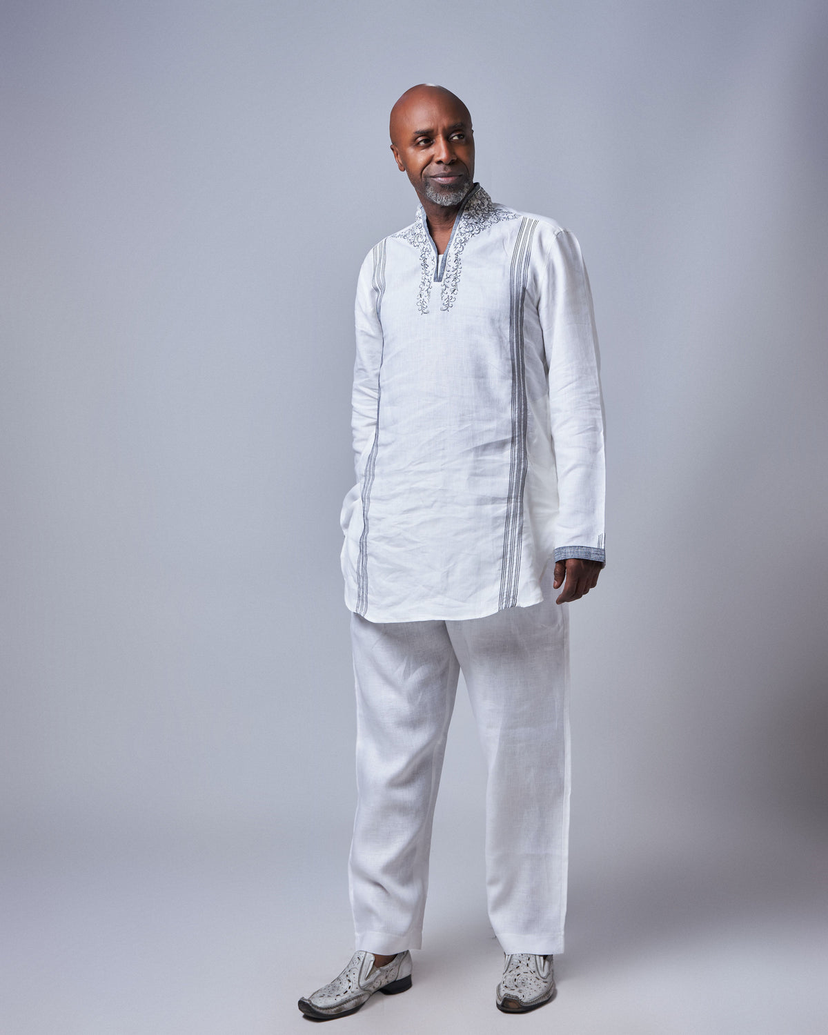 Men’s Embroidered White Linen Set (Slim Fit)