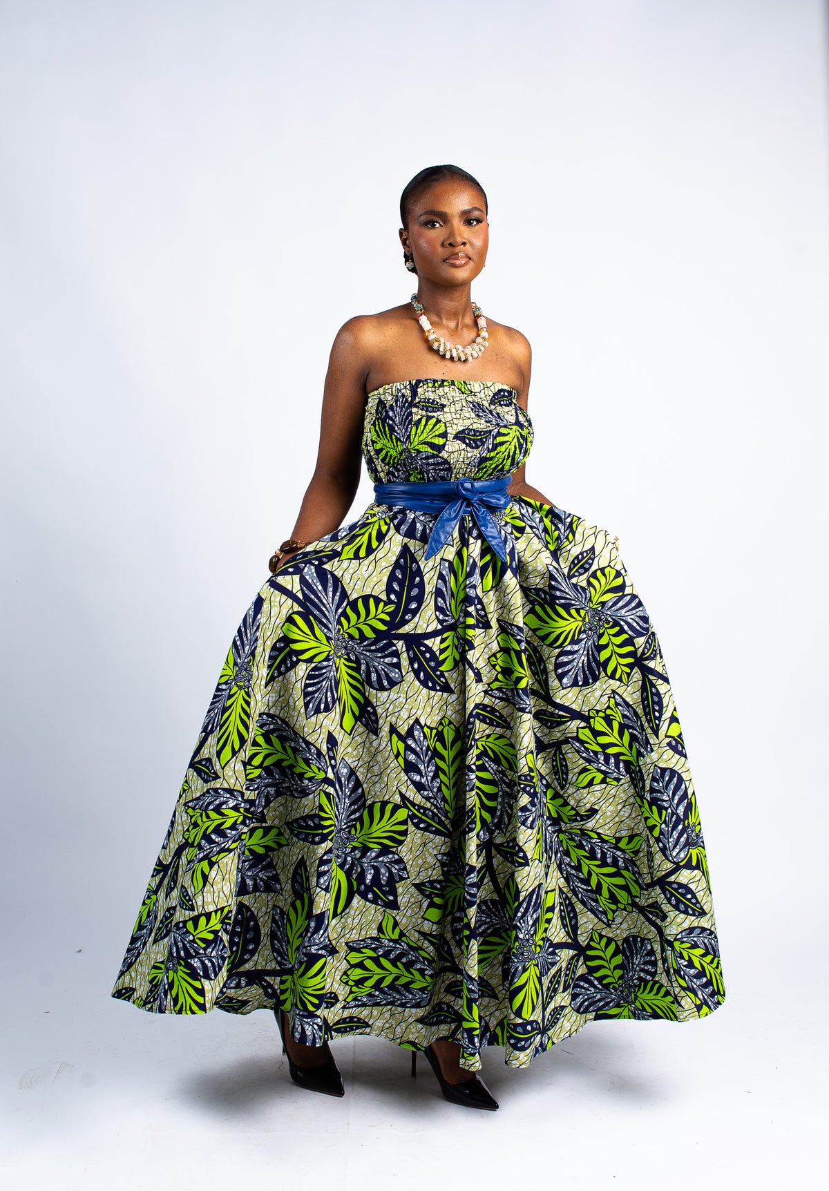 Green Tropical Print Strapless Maxi Dress M / Olive Green