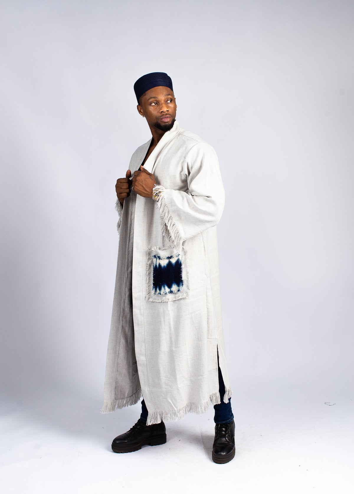 Men's Ecru Linen Robe with Indigo Tie-Dye Accents & Cap