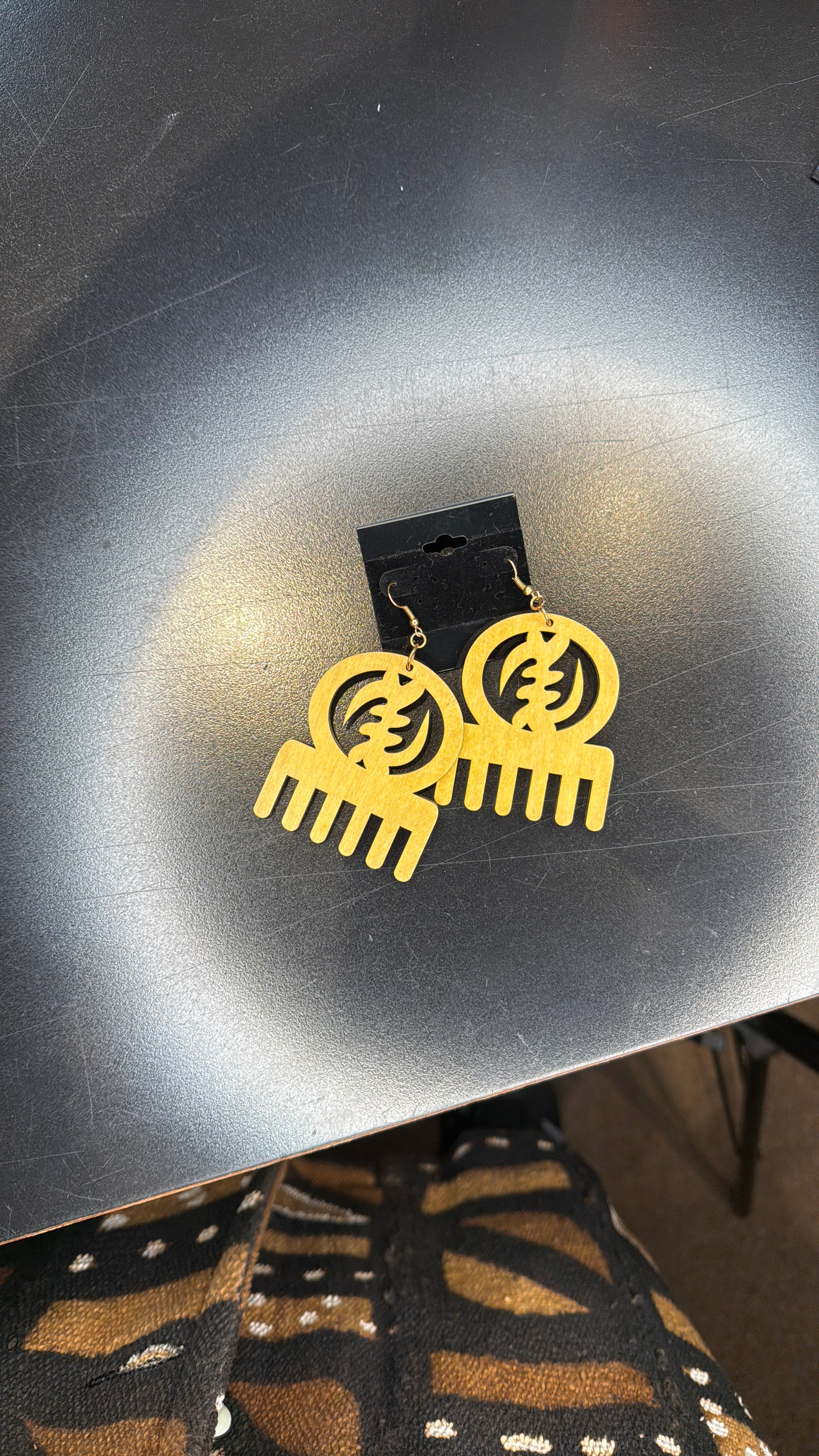 Yellow Sankofa Comb Wooden Earrings - Adinkra Symbol Dangle Earrings
