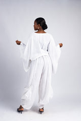 Women's White Linen Dropped Shoulder Pants Set