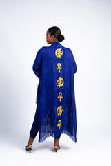 Women's Royal Blue Fringe Cardigan with Gold Adinkra Symbols