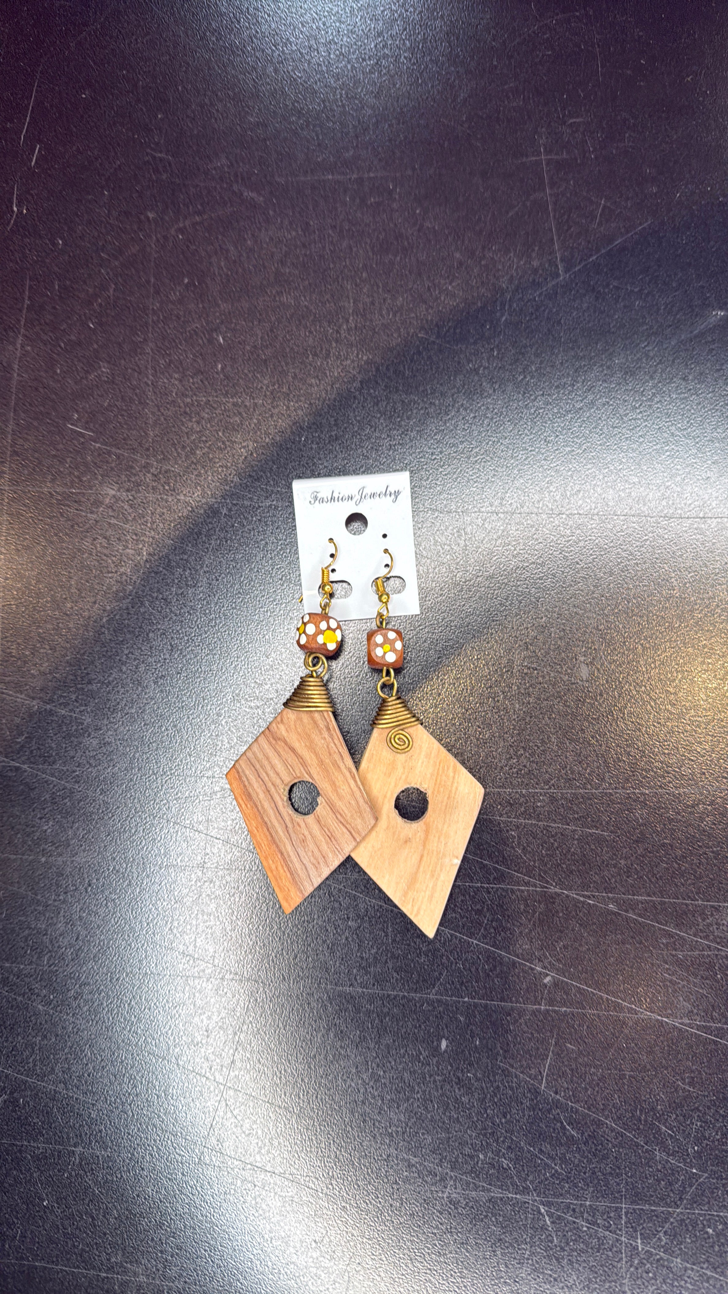 Wooden Diamond Earrings with Floral Beads - Bohemian Geometric Jewelry