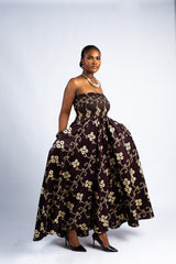 Brown Floral Strapless Maxi Dress