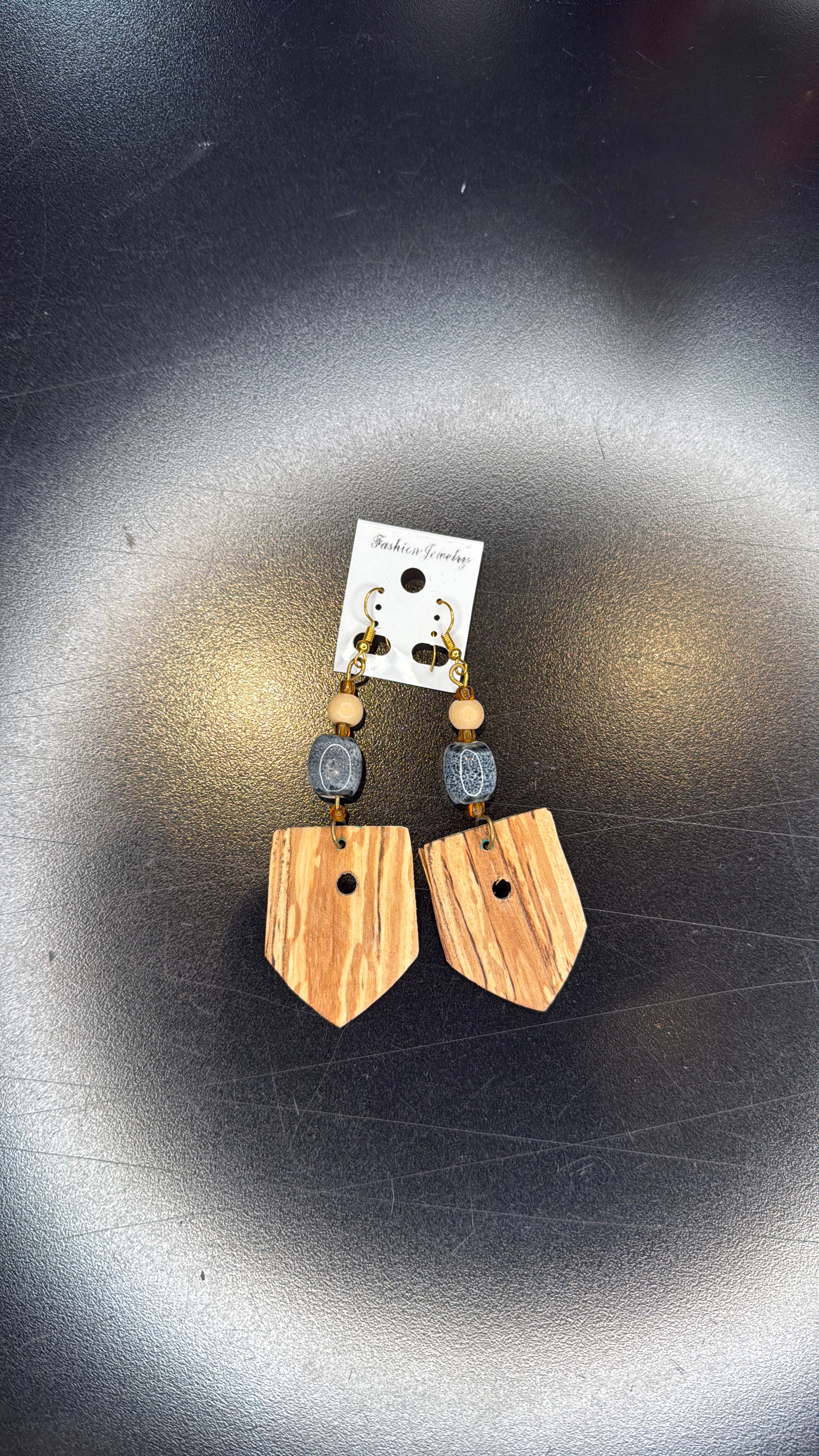 Mixed Bead and Wood Shield Dangle Earrings - Bohemian Geometric Jewelry