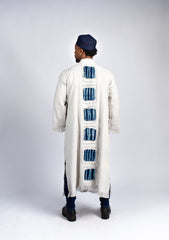 Men's Ecru Linen Robe with Indigo Tie-Dye Accents & Cap