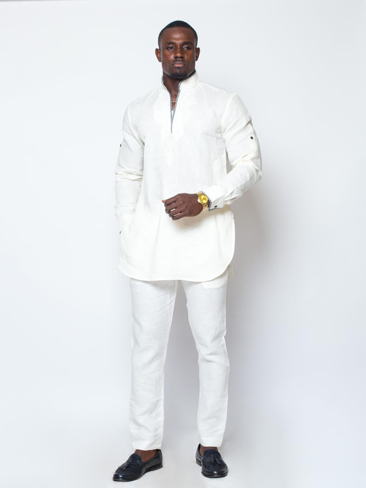 Men’s Embroidered White Linen Set (Slim Fit)