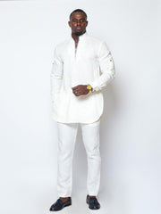 Men’s Embroidered White Linen Set (Slim Fit)