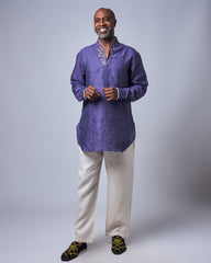 Men’s Embroidered Purple & Cream Linen Set (Slim Fit)