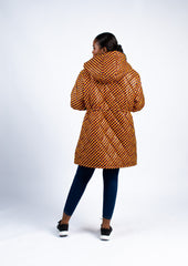 Women's Mustard and Black Geometric Quilted Puffer Jacket