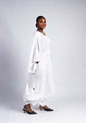Women's White Linen Dropped Shoulder Pants Set