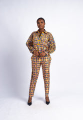 Women's Multicolor Geometric Print Laser-Cut Sleeve Jacket & Pants Set