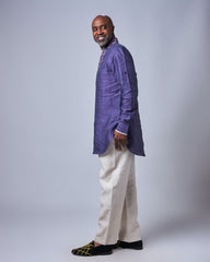 Men’s Embroidered Purple & Cream Linen Set (Slim Fit)
