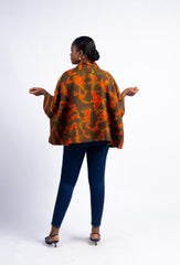 Women's Brown & Orange Abstract Print Kimono-Style Blouse / Jacket