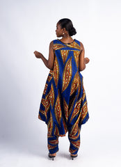 Women's Blue & Orange Abstract Print Harem Jumpsuit with Pockets