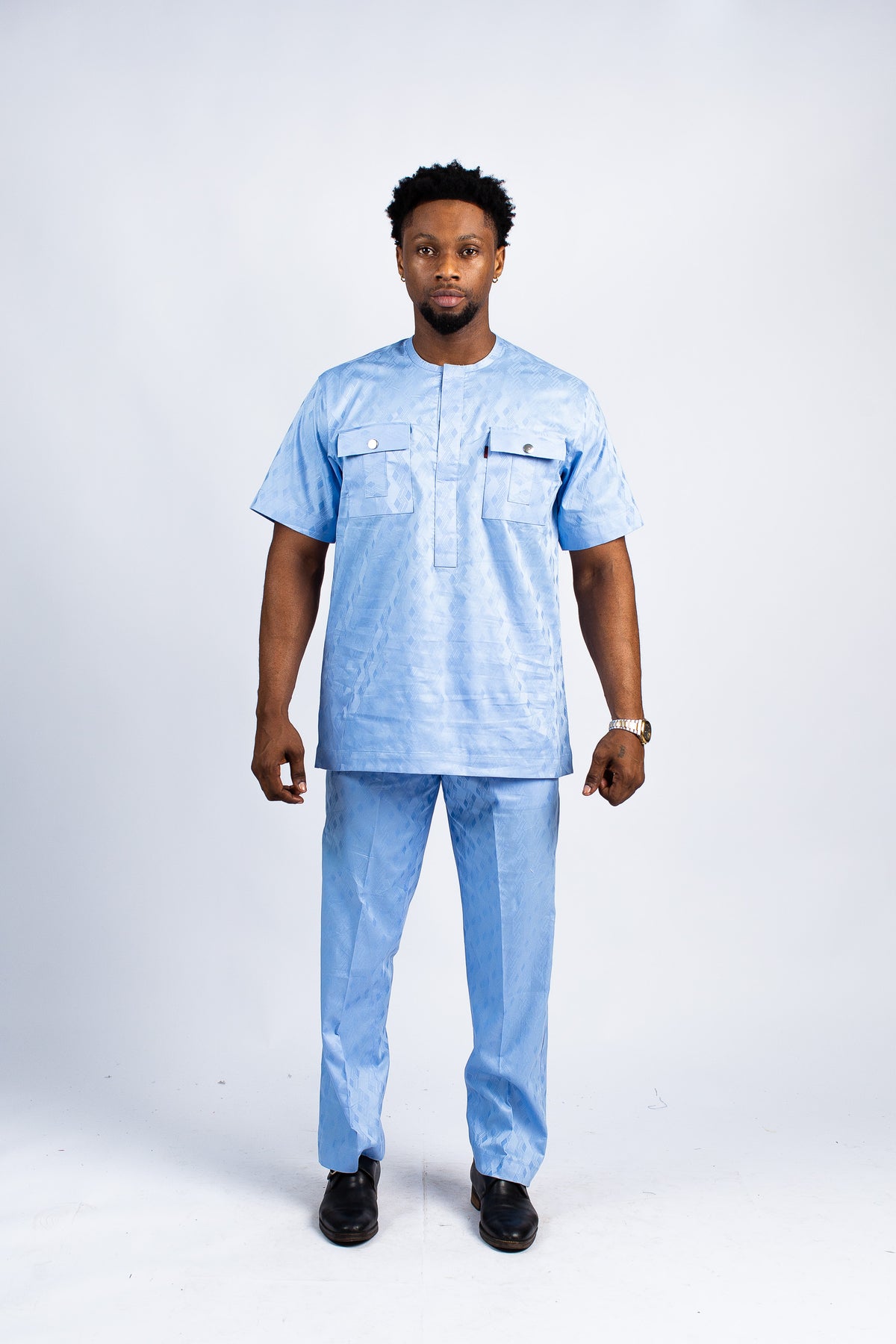 Men's Sky Blue Textured Tunic & Trouser Set