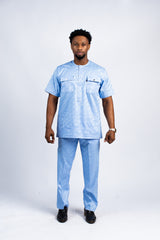 Men's Sky Blue Textured Tunic & Trouser Set