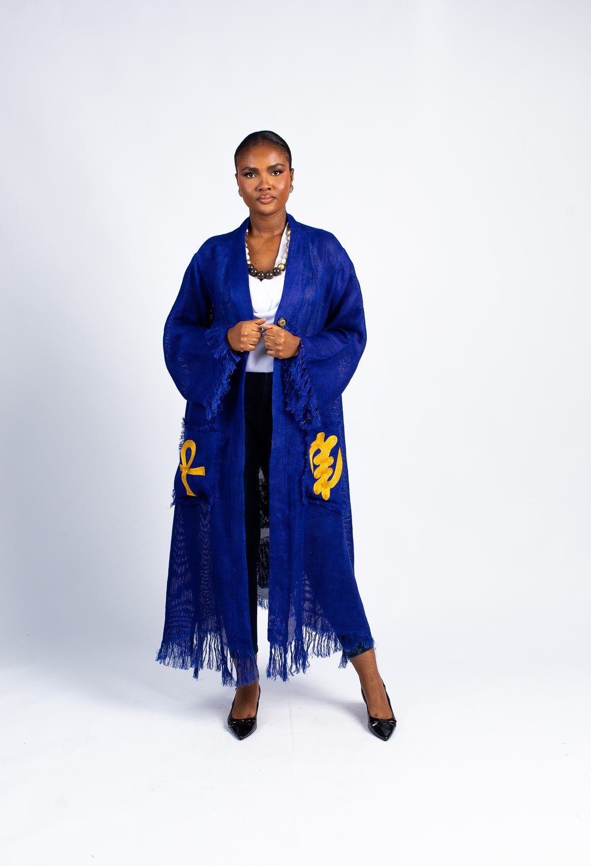 Women's Royal Blue Fringe Cardigan with Gold Adinkra Symbols