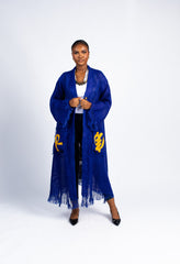 Women's Royal Blue Fringe Cardigan with Gold Adinkra Symbols