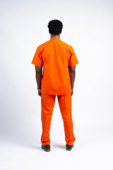 Men's Bold Orange Kaftan Set with Gold Embroidery