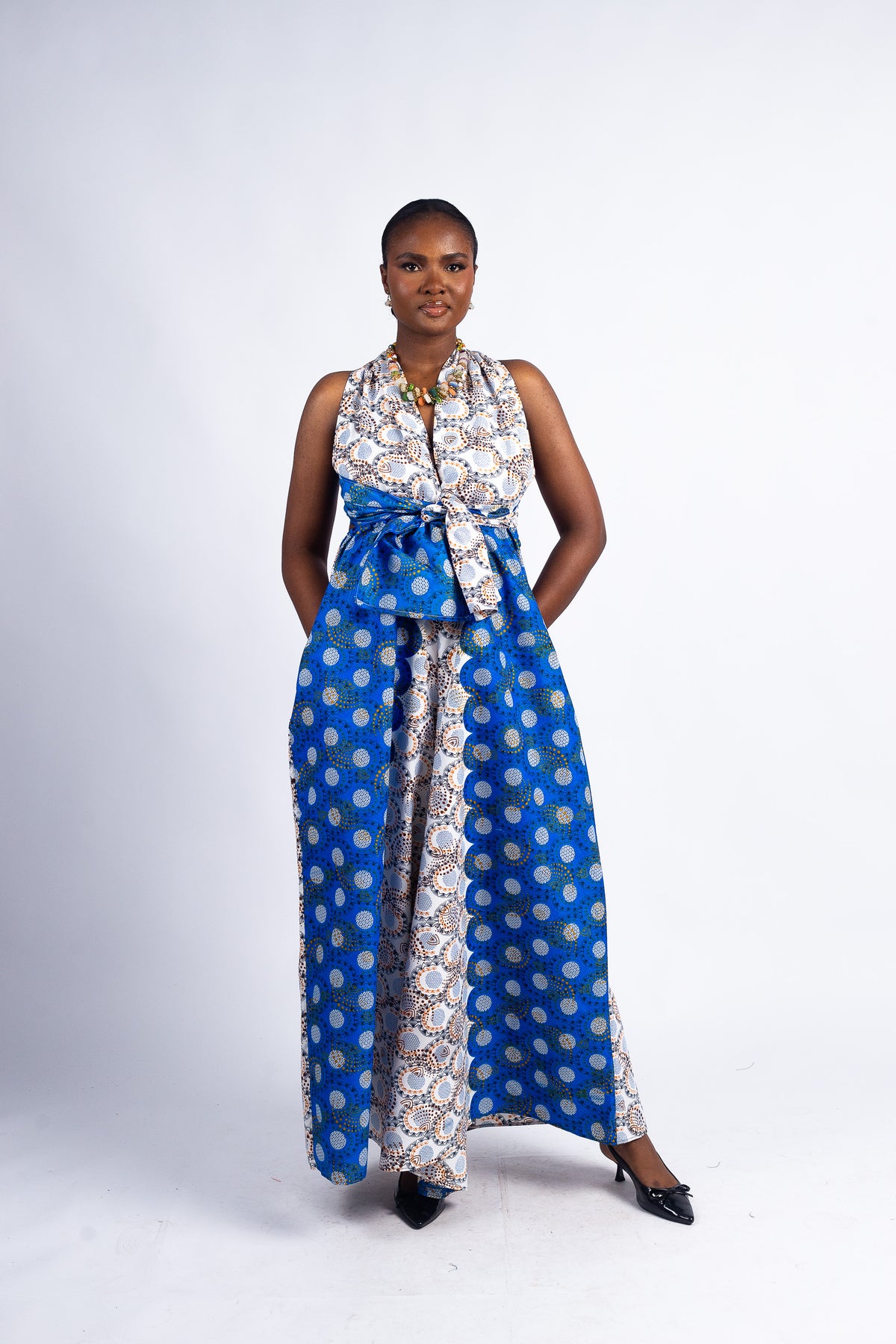 Women's Blue and White African Print Jumpsuit