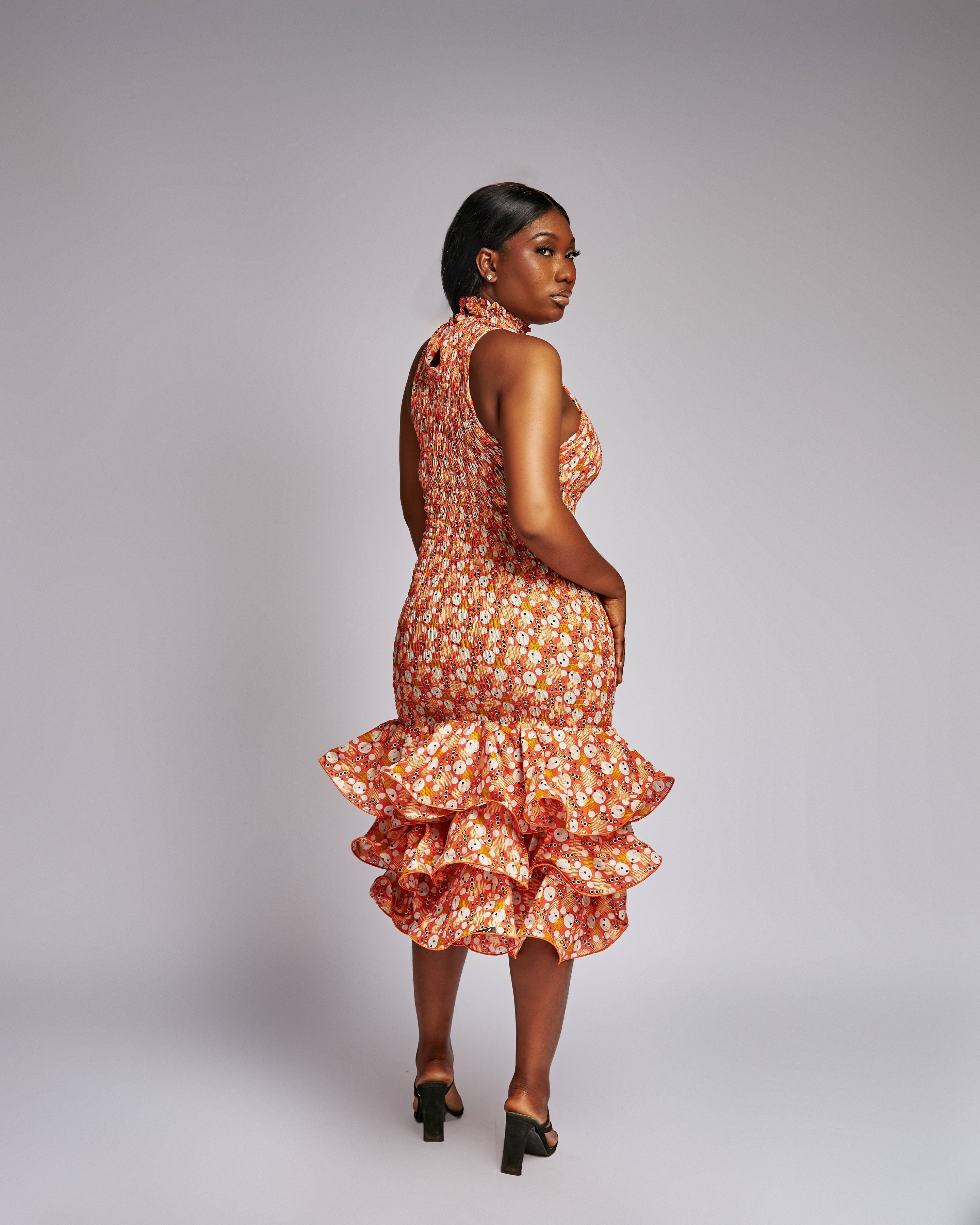 Bold Bloom Ruffle Hem Ankara Dresses
