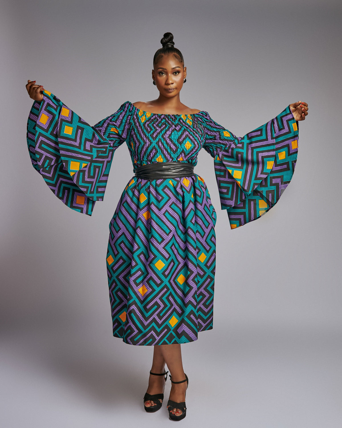 Double Bell Sleeve Ankara Midi Dress African Print Gown Purple / L-XL Double Bell Sleeve Ankara Midi Dress African Print Gown Purple / L-XL