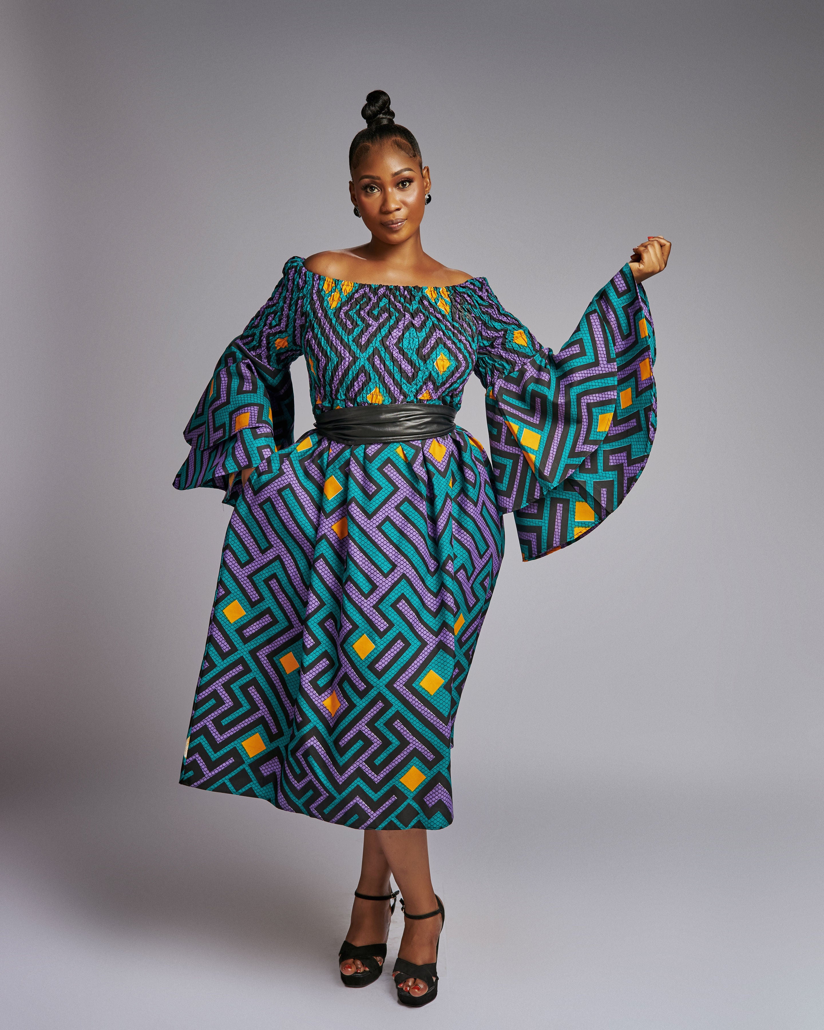 Double Bell Sleeve Ankara Midi Dress African Print Gown Purple / L-XL Double Bell Sleeve Ankara Midi Dress African Print Gown Purple / L-XL