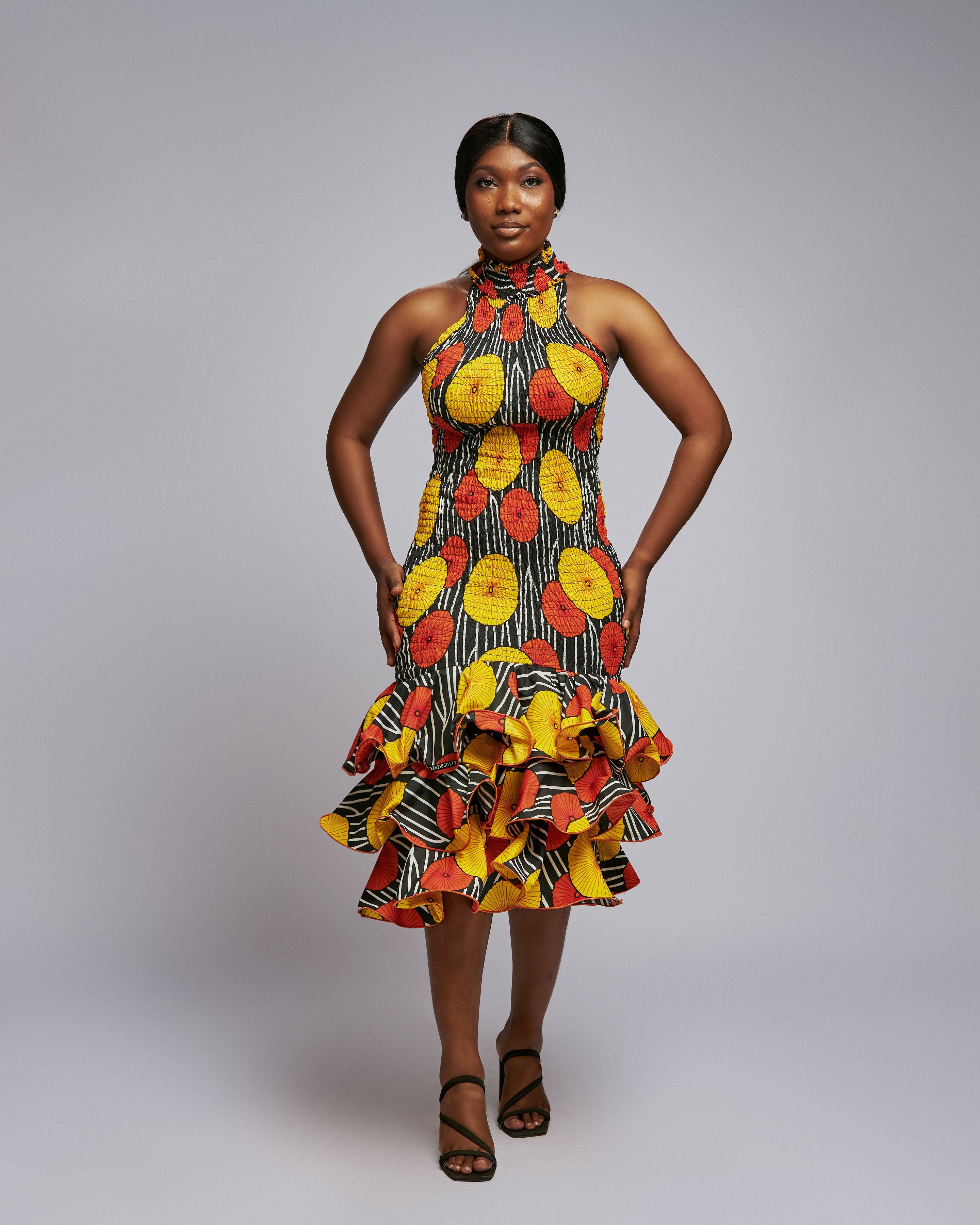 Bold Bloom Ankara Dress Ruffle Hem African Gown YvonneEx Bold Bloom Ankara Dress Ruffle Hem African Gown YvonneEx