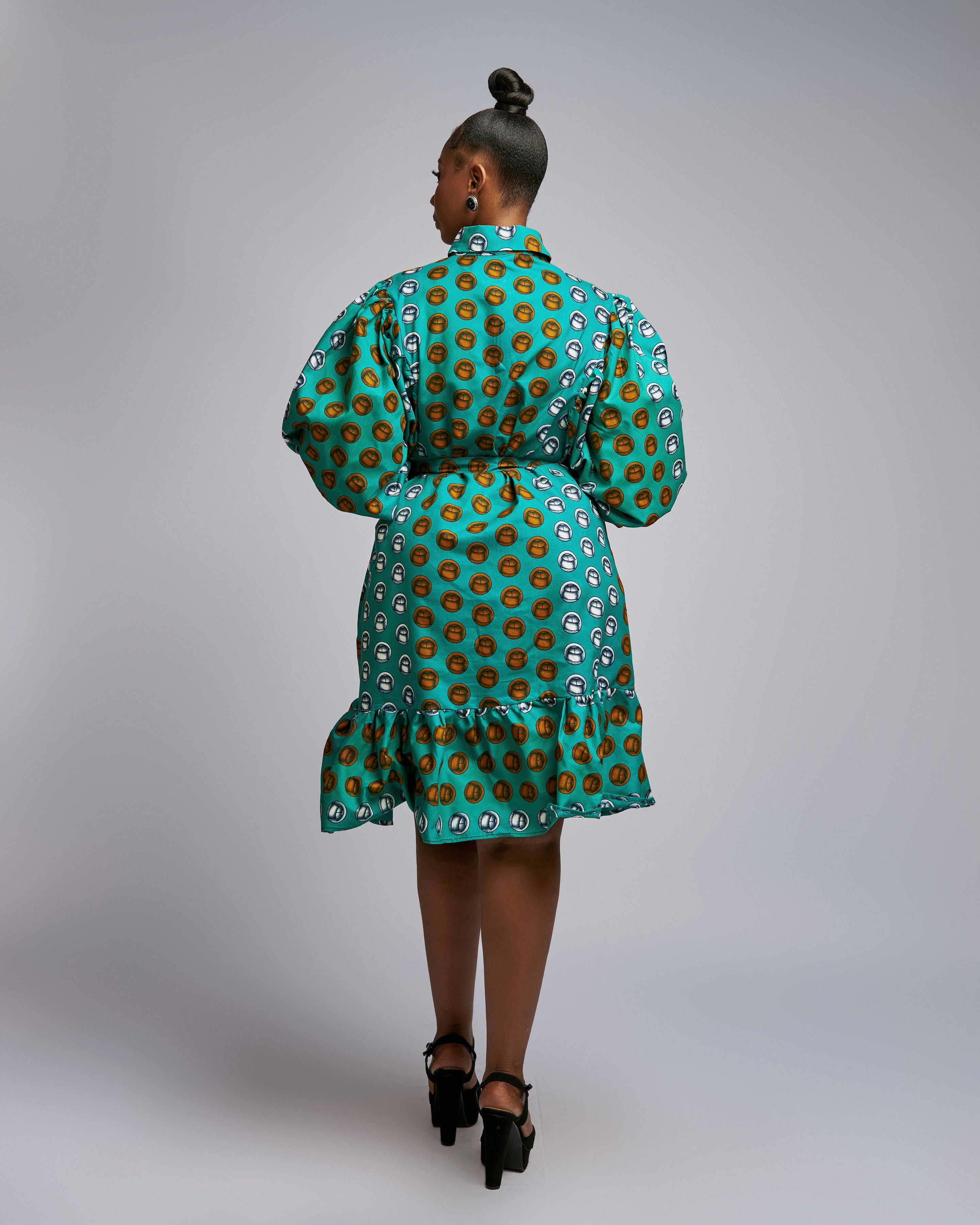 women's bubble dress Blue Cindy is wearing the small. Ankara Bubble Sleeve Dress