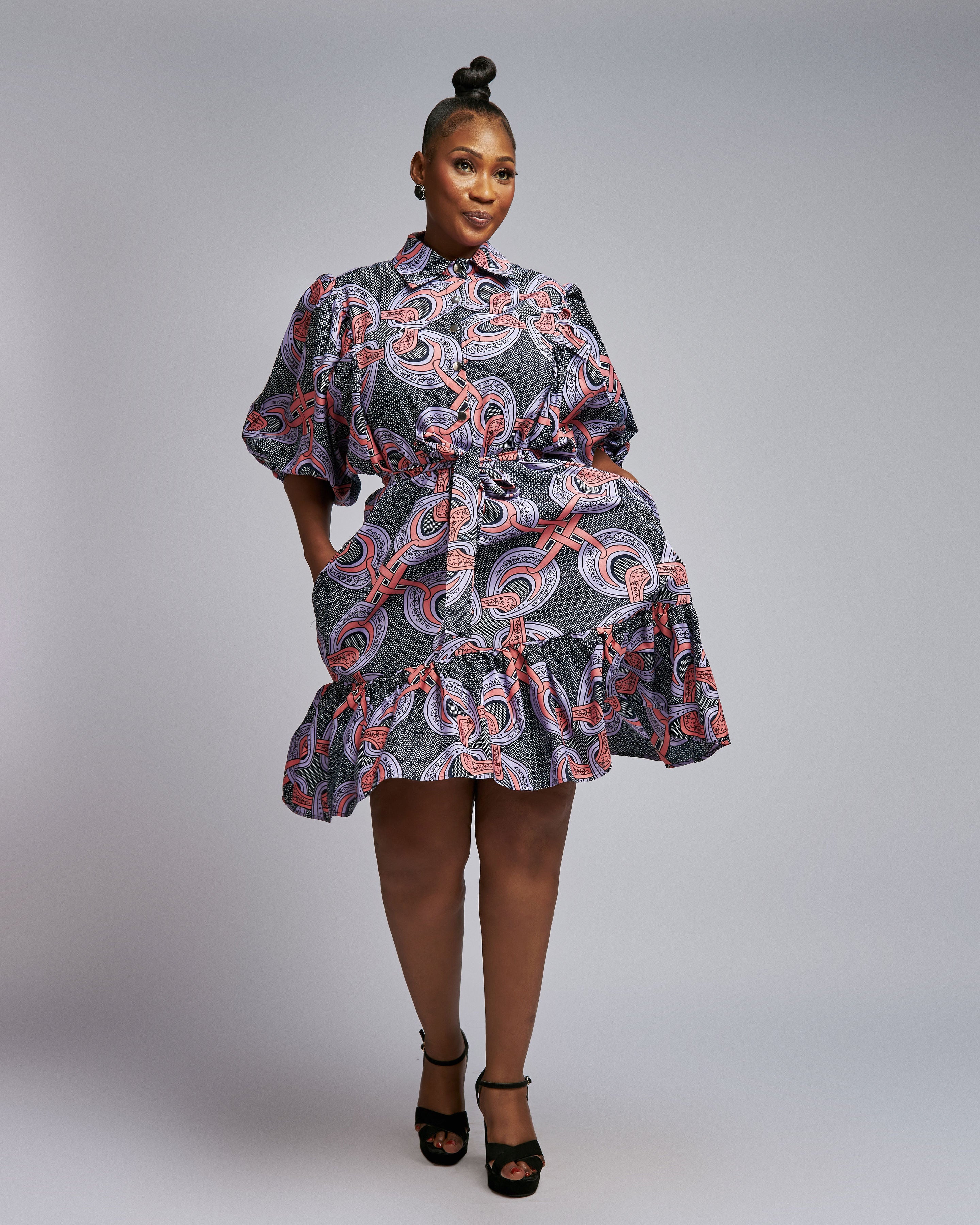 Ankara Bubble Sleeve Dress – African Belted Midi Dress Pink / M