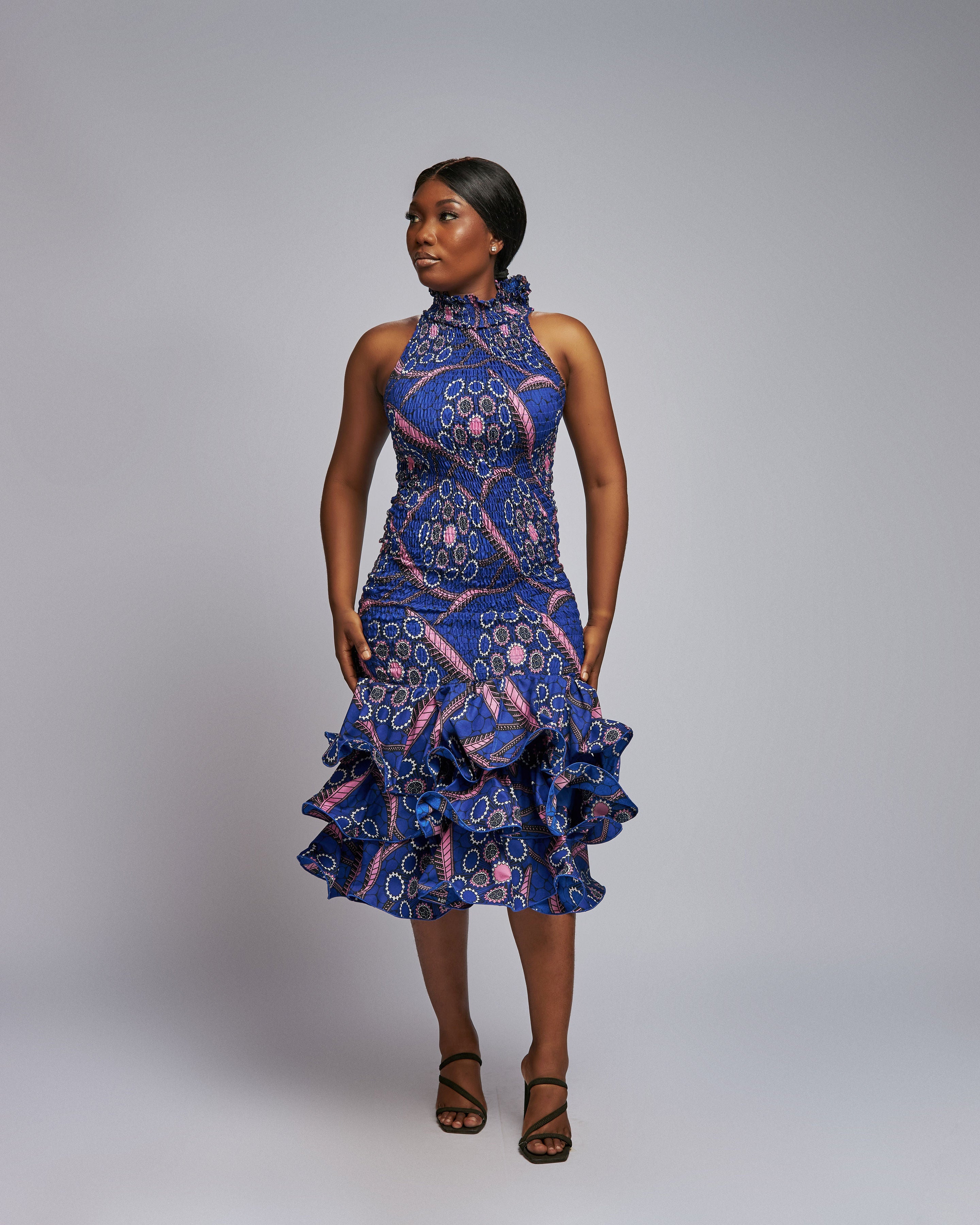 Bold Bloom Ankara Dress Ruffle Hem African Gown YvonneEx Bold Bloom Ankara Dress Ruffle Hem African Gown YvonneEx