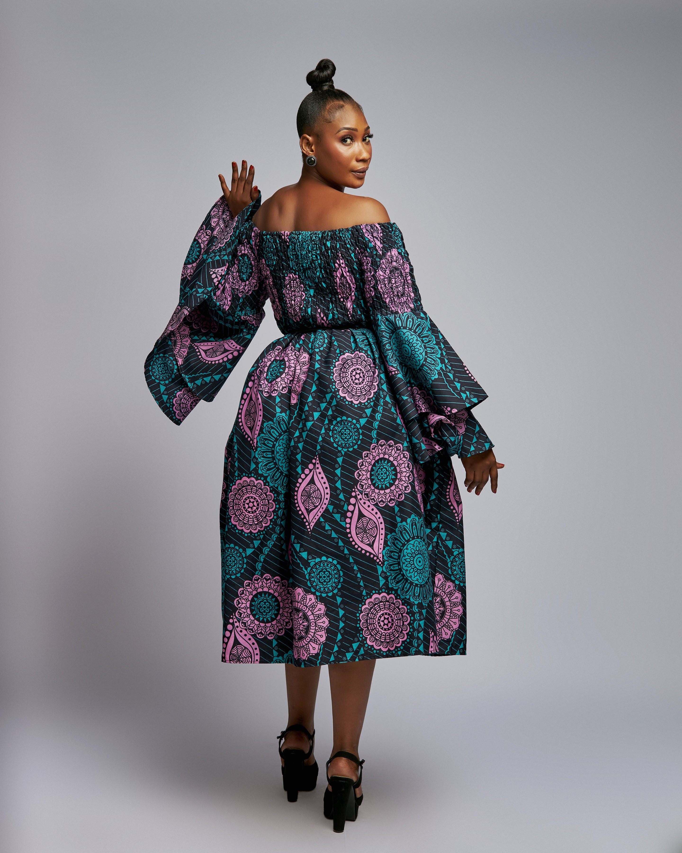 Double Bell Sleeve Ankara Midi Dress African Print Gown Purple / L-XL Double Bell Sleeve Ankara Midi Dress African Print Gown Purple / L-XL