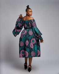 African Print Double Bell Sleeve Midi Dress