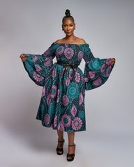African Print Double Bell Sleeve Midi Dress