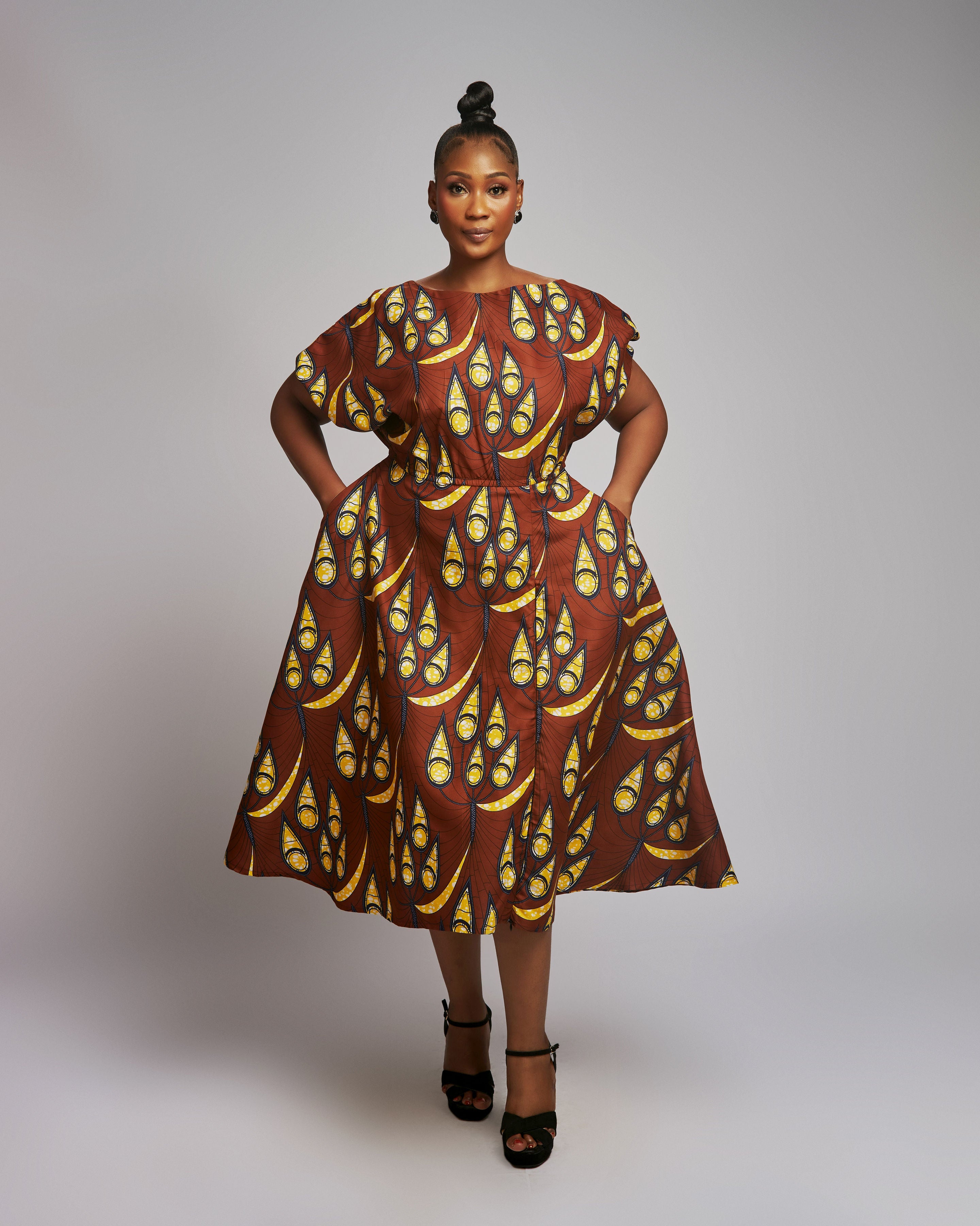 Off-Shoulder Ankara Midi Dress African Women's Fashion M / Brown Off-Shoulder Ankara Midi Dress African Women's Fashion M / Brown