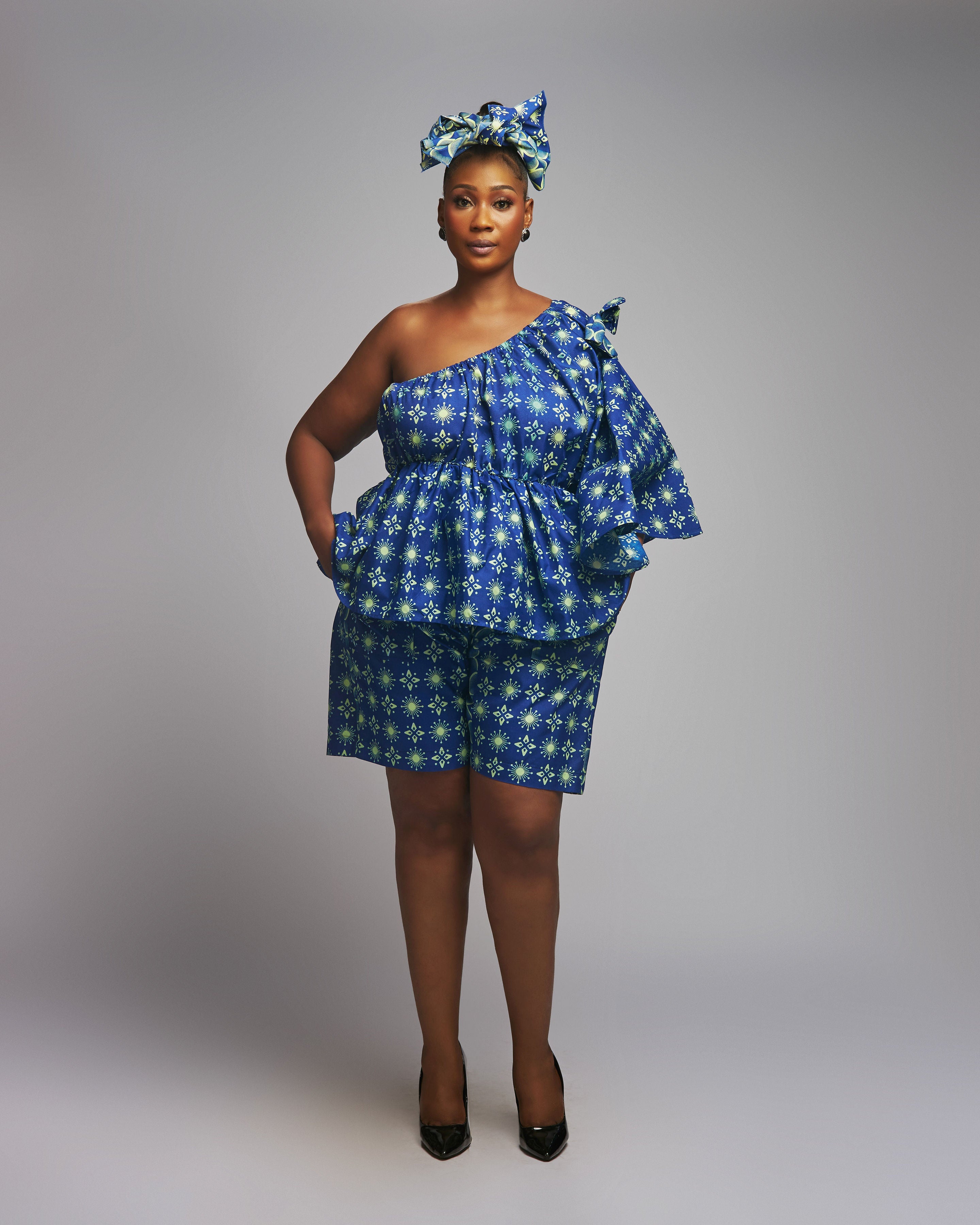 One Sleeve Peplum Shorts Set