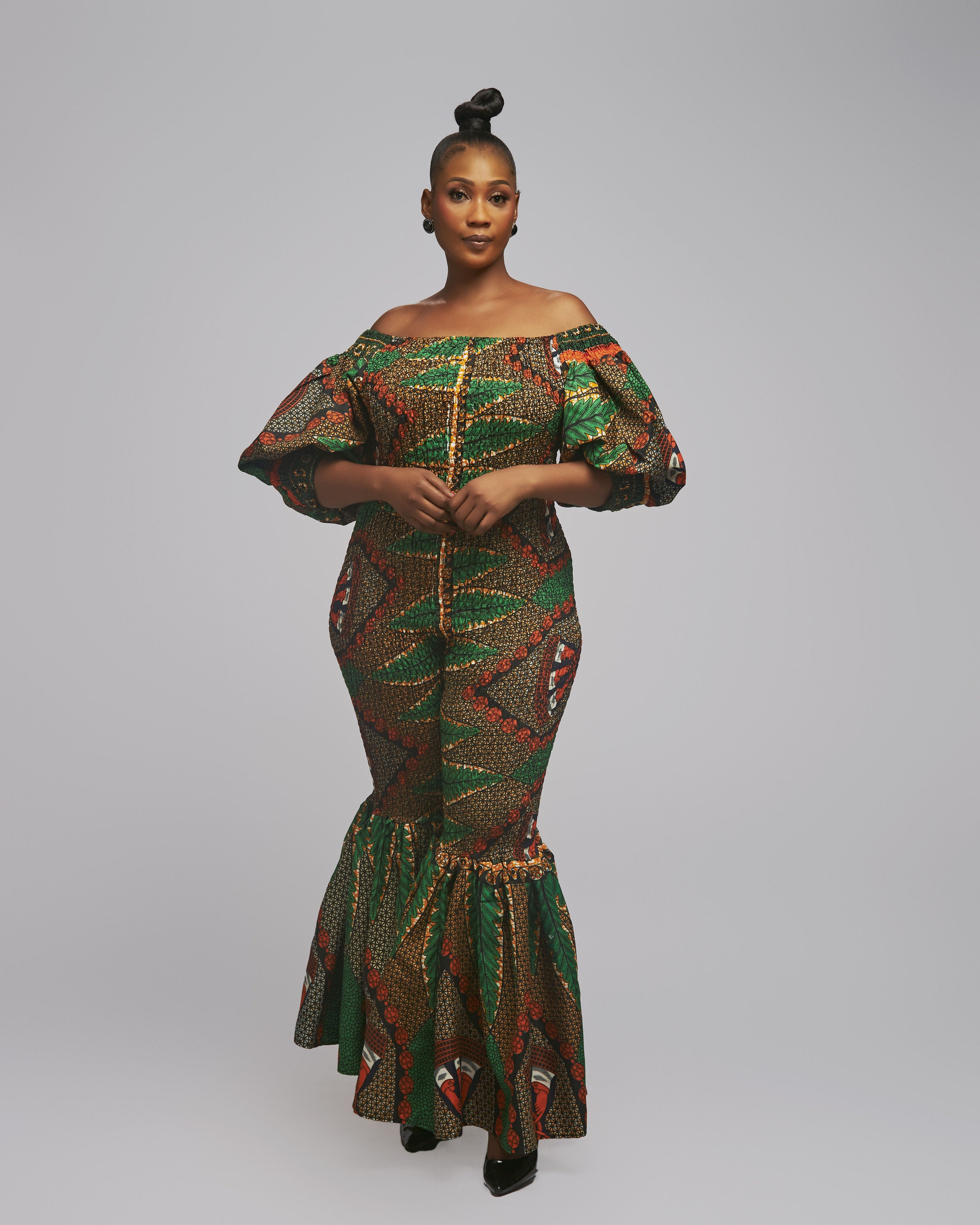 Flared Jumpsuit with African Style | Womens Contemporary Look S-M / Olive Green Flared Jumpsuit with African Style | Womens Contemporary Look S-M / Olive Green