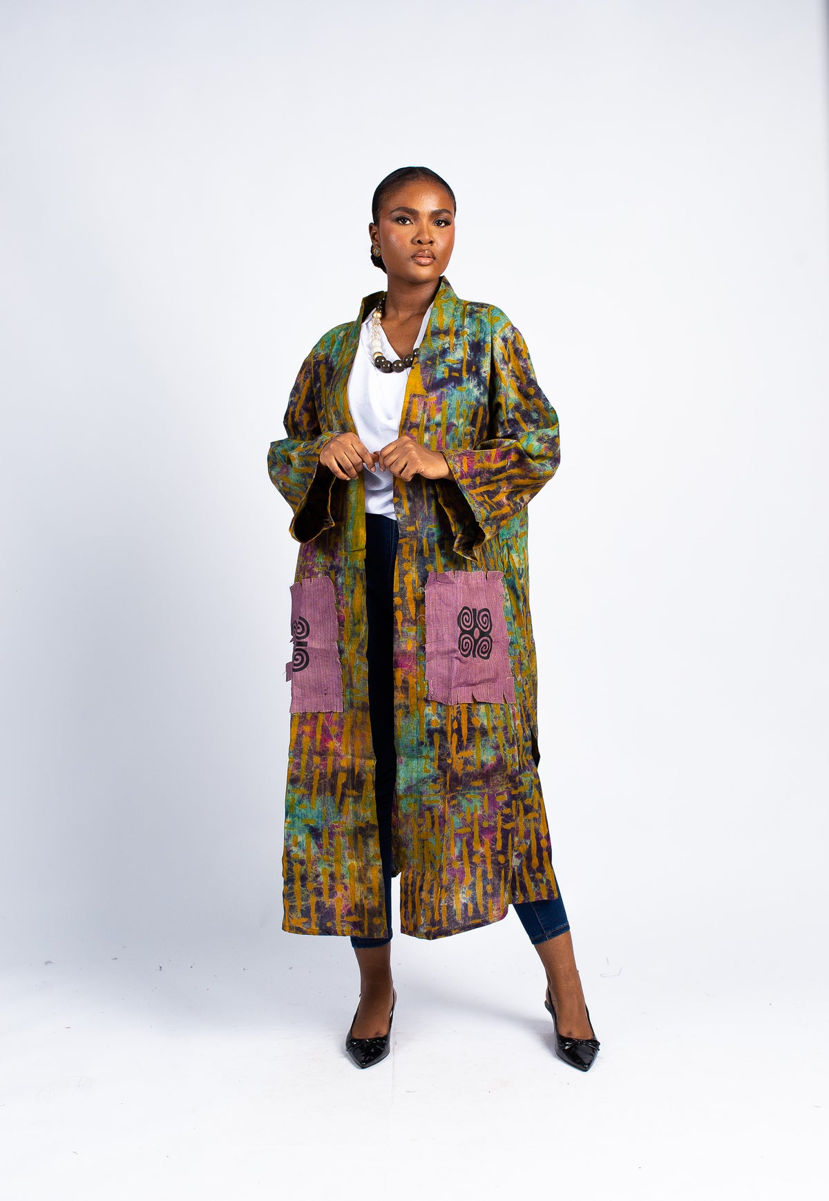 Women's Earth Tone Striped Kimono Duster with Adinkra Pocket