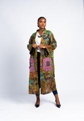 Women's Earth Tone Striped Kimono Duster with Adinkra Pocket