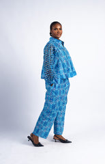 Women's Blue Geometric Print Laser-Cut Sleeve Jacket & Cargo Pants Set