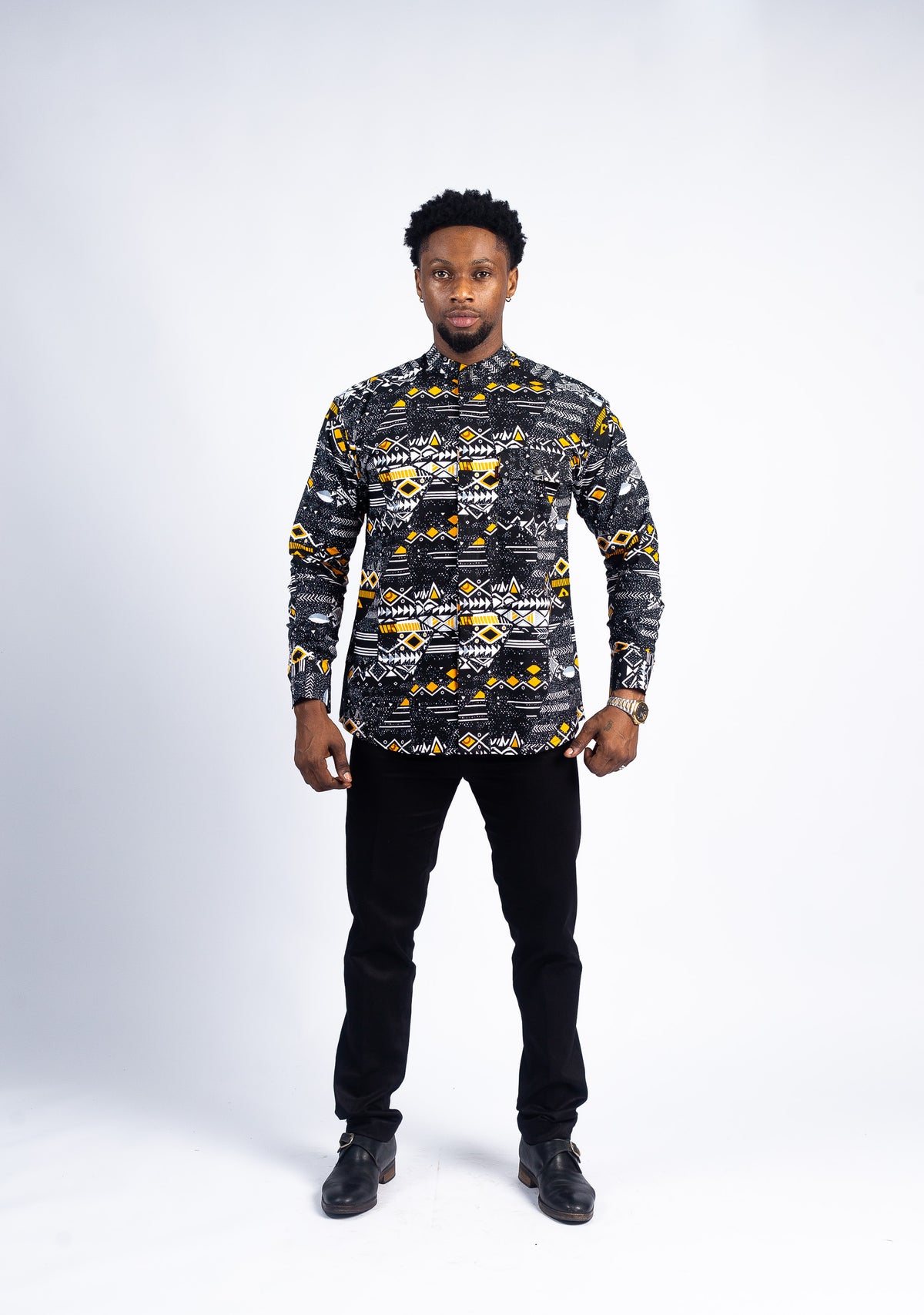 Men's Monochrome & Gold Geometric Long-Sleeve Shirt