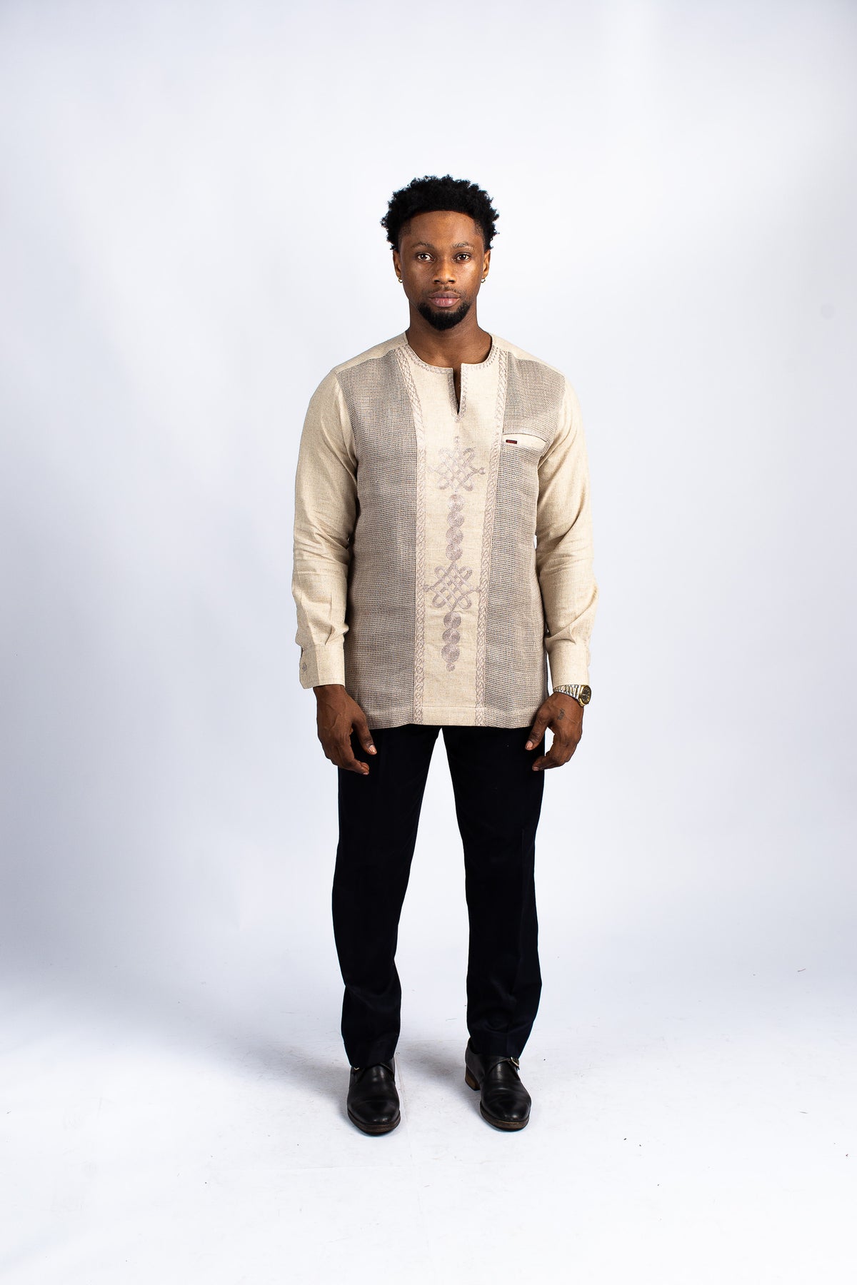 Men's Embroidered Linen Tunic with Contrast Panel