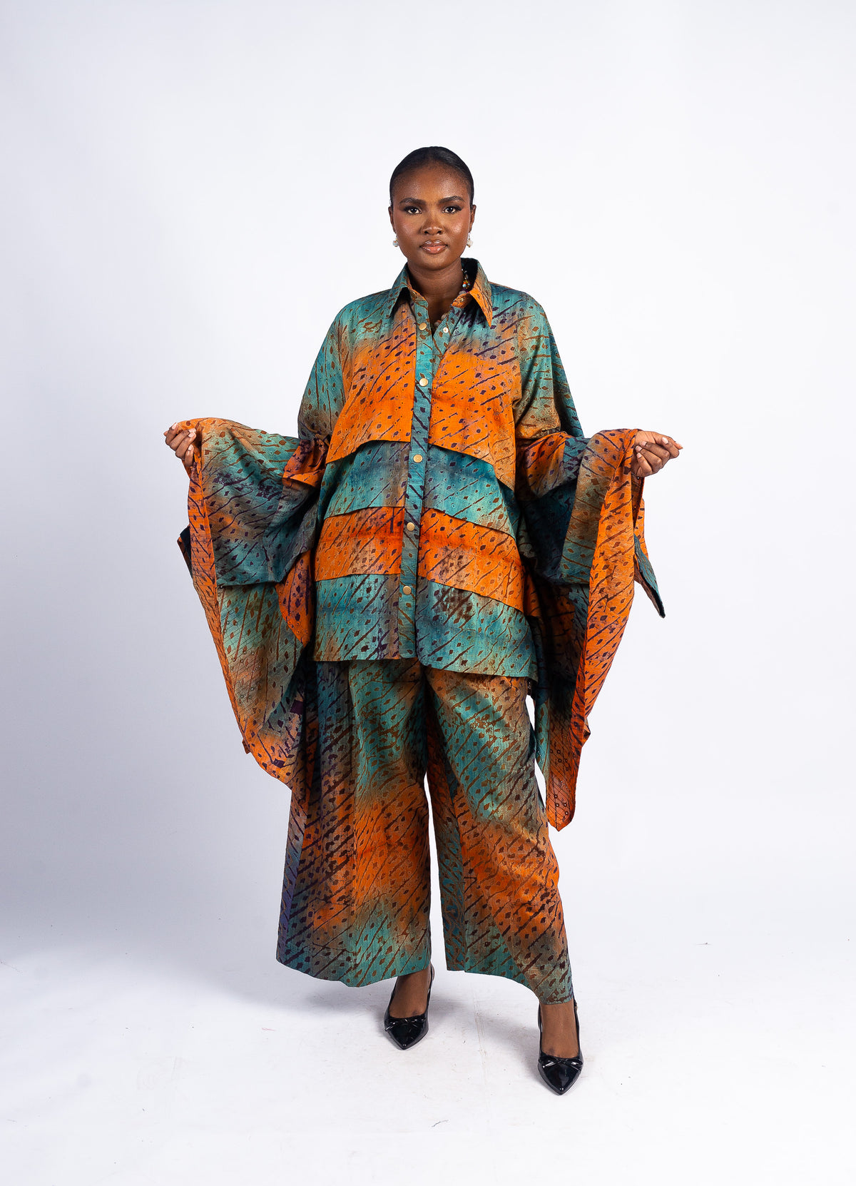 Women's Orange & Teal Abstract Print Kimono Top & Wide-Leg Pants Set